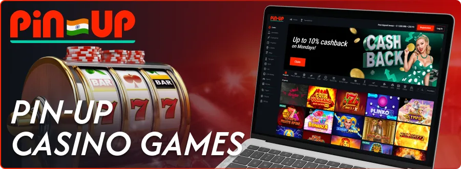Pin-Up casino lobby on a laptop with slot reels